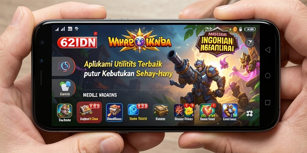Screenshot dari aplikasi 62IDN menunjukkan berbagai fitur utilitas yang ditawarkan.