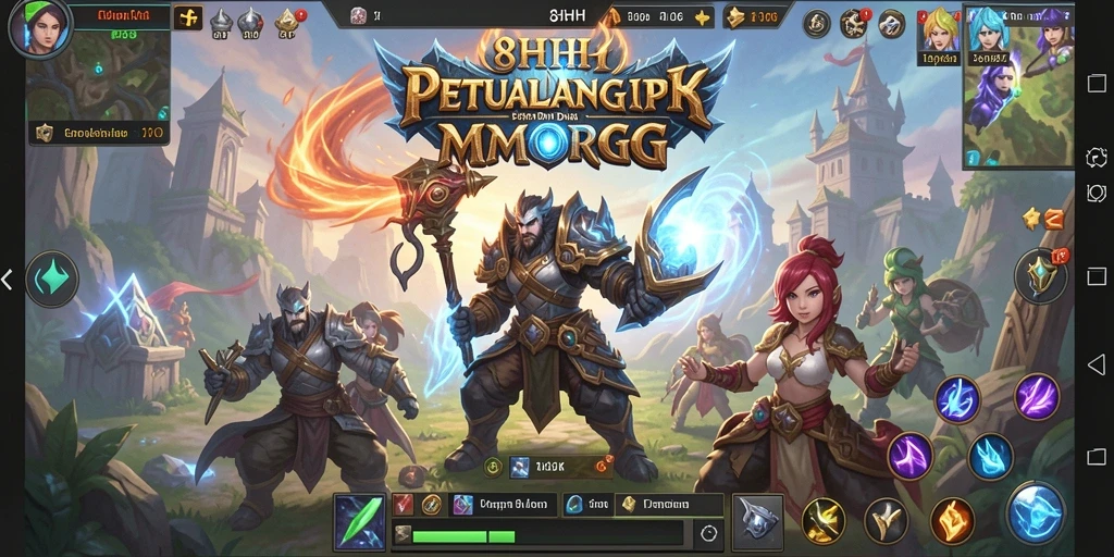 Screenshot gameplay 8HHH menampilkan aksi pertarungan MMORPG yang epik.