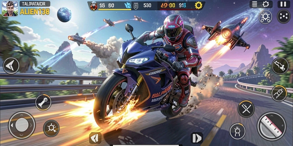 Screenshot gameplay ALIEN138 menampilkan aksi balapan motor yang seru dan penuh adrenalin.