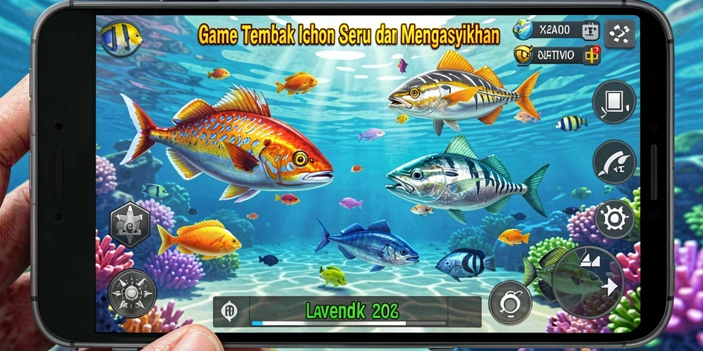 Tampilan gameplay menarik dari ALVENDO dengan berbagai ikan dan senjata.