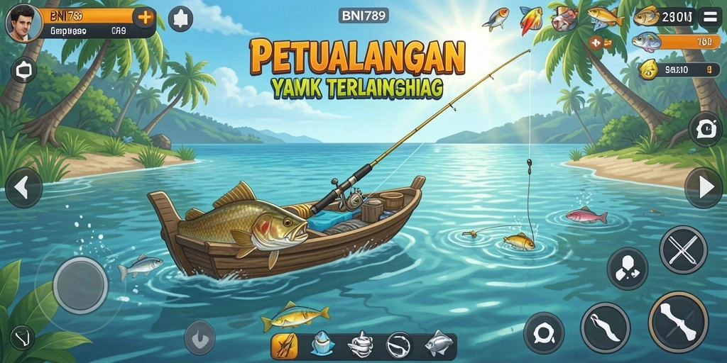 Screenshot BNI789 menampilkan aksi memancing yang seru di laut yang indah.