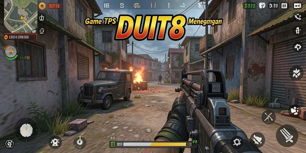 Tampilan gameplay DUIT8 dengan aksi menegangkan dari sudut pandang TPS.