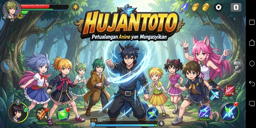 Tampilan gameplay seru di HUJANTOTO dengan karakter anime yang beragam.