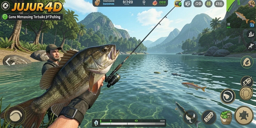 Screenshot gameplay JUJUR4D menampilkan momen menyenangkan saat memancing.