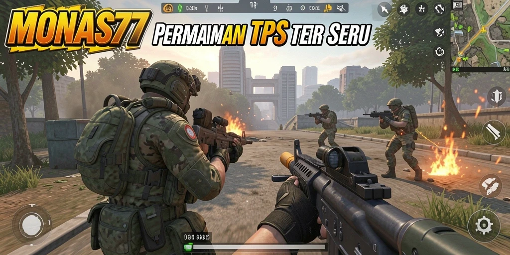 Tangkapan layar gameplay MONAS77 menampilkan aksi TPS yang mendebarkan.