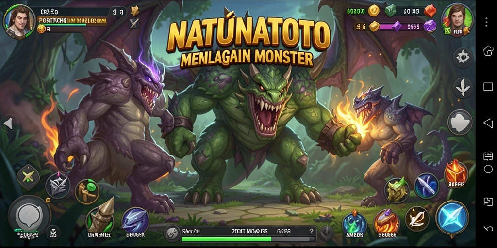 Screenshot utama NATUNATOTO menampilkan aksi menara mempertahankan kota dari serangan monster.