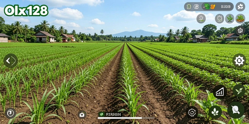 Tampilan gameplay OLX128 yang menonjolkan aktivitas bertani.