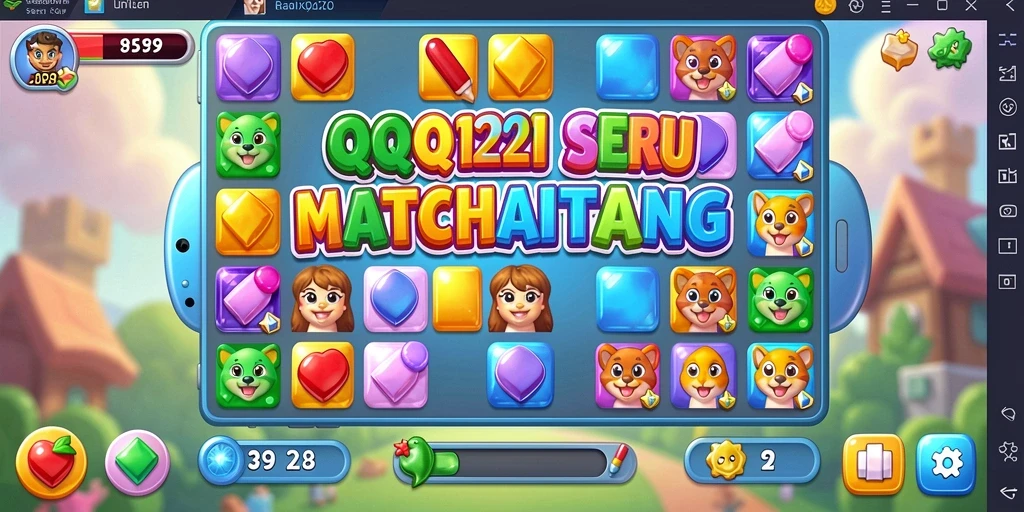 Tampilan gameplay QQ1221 dengan kombinasi warna cerah dan tantangan Match-3.