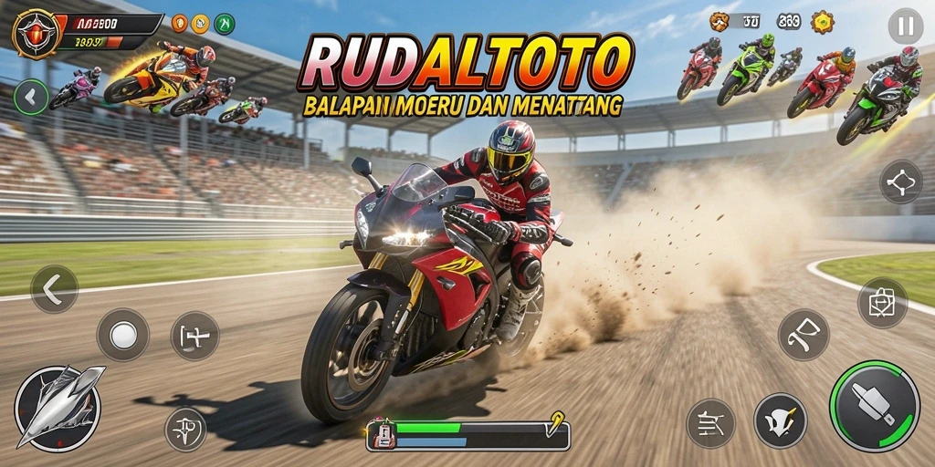 Gameplay RUDALTOTO menampilkan aksi balapan motor yang mendebarkan dan penuh tantangan.